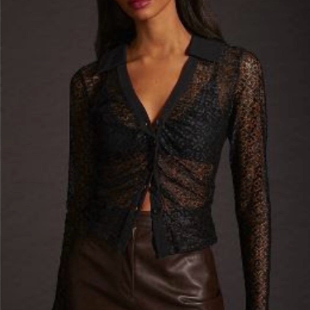 Stylish Black Lace Button-Up Blouse- Anthropologie